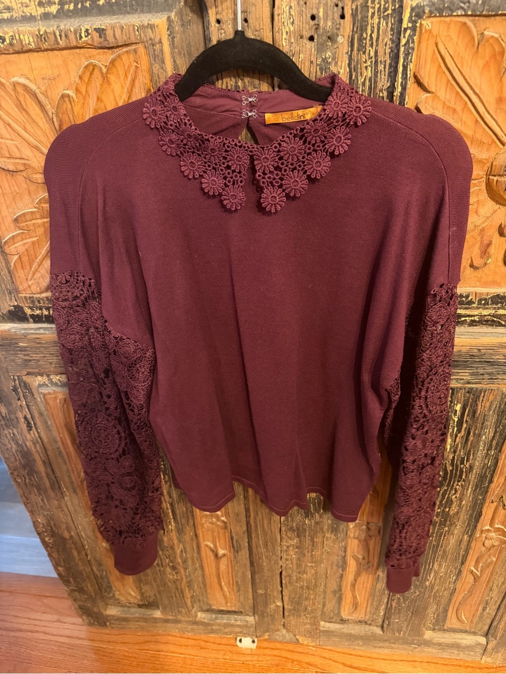 Women's Burgundy Floral Lace Sleeve Top with lace Collar